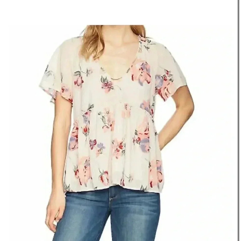 LUCKY BRAND Women's Pink Floral Flutter short sleeve  Top S